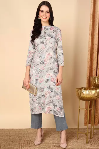 women grey viscose rayon floral printed straight kurta