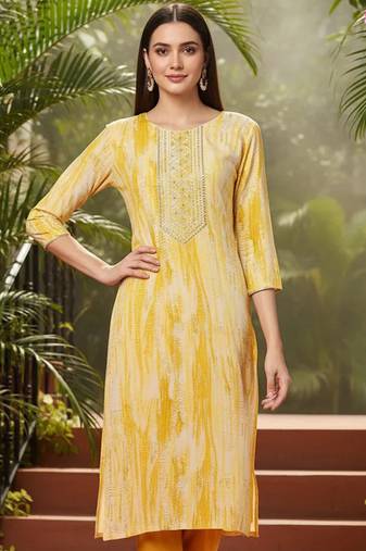 yellow viscose rayon abstract embroidered straight kurta