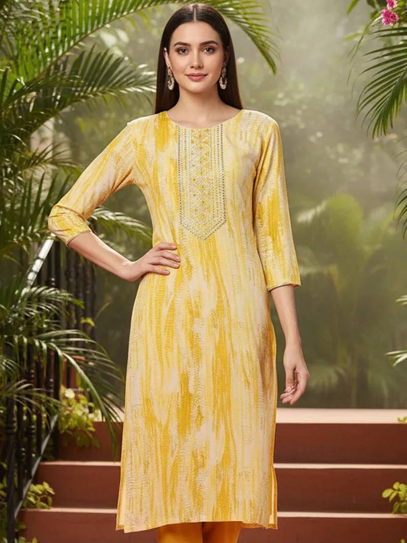 yellow viscose rayon abstract embroidered straight kurta