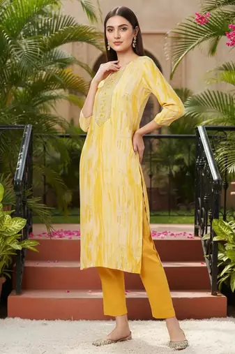 yellow viscose rayon abstract embroidered straight kurta