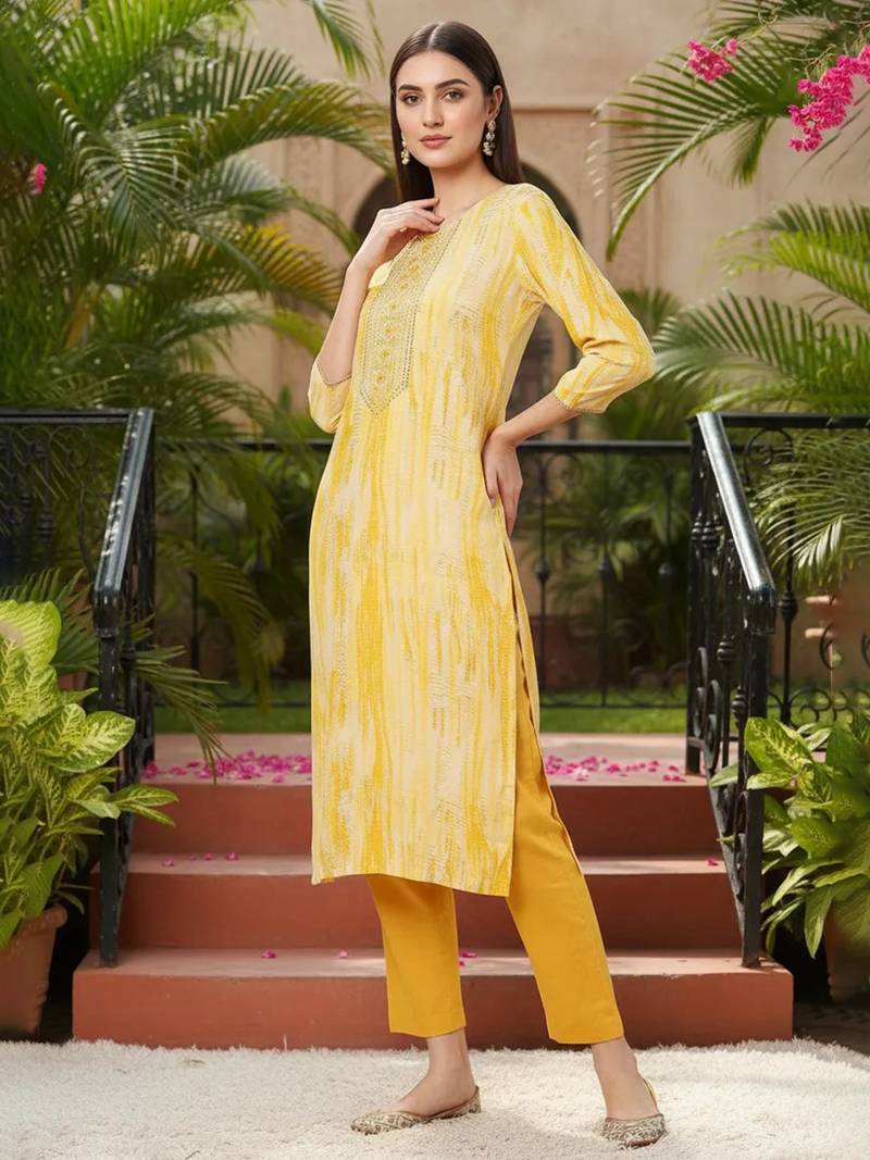 yellow viscose rayon abstract embroidered straight kurta