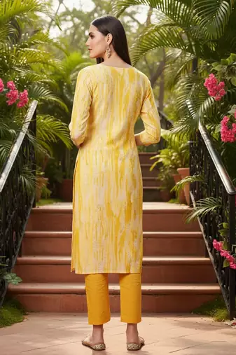yellow viscose rayon abstract embroidered straight kurta