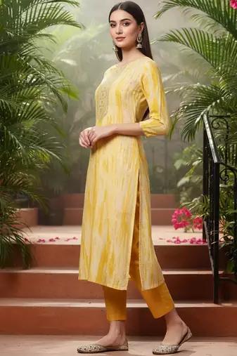 yellow viscose rayon abstract embroidered straight kurta