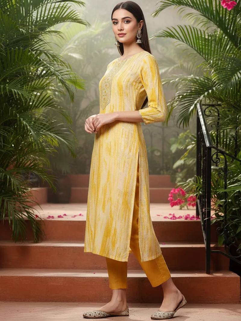 yellow viscose rayon abstract embroidered straight kurta