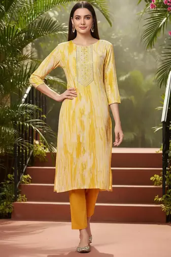 yellow viscose rayon abstract embroidered straight kurta