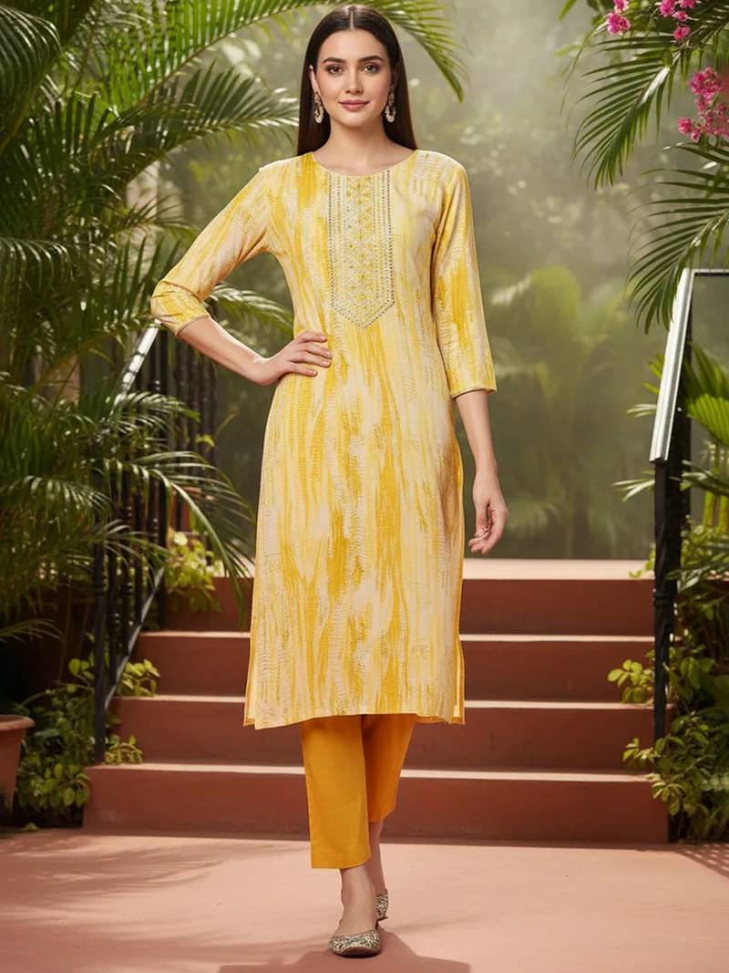 yellow viscose rayon abstract embroidered straight kurta