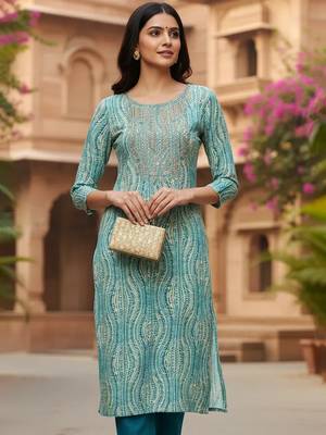 women blue viscose rayon abstract printed straight kurta 1