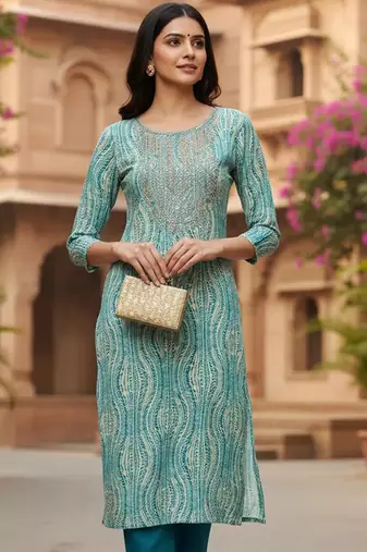 women blue viscose rayon abstract printed straight kurta