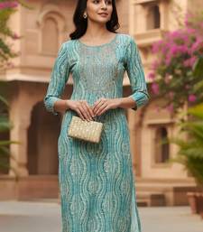 women blue viscose rayon abstract printed straight kurta