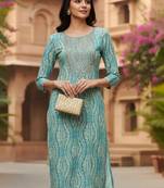 women blue viscose rayon abstract printed straight kurta