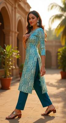 women blue viscose rayon abstract printed straight kurta 2