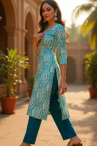women blue viscose rayon abstract printed straight kurta