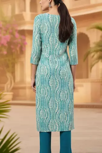 women blue viscose rayon abstract printed straight kurta
