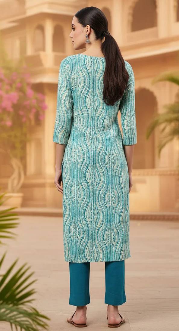 women blue viscose rayon abstract printed straight kurta