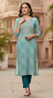 women blue viscose rayon abstract printed straight kurta 4
