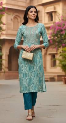 women blue viscose rayon abstract printed straight kurta 5