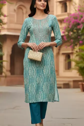women blue viscose rayon abstract printed straight kurta