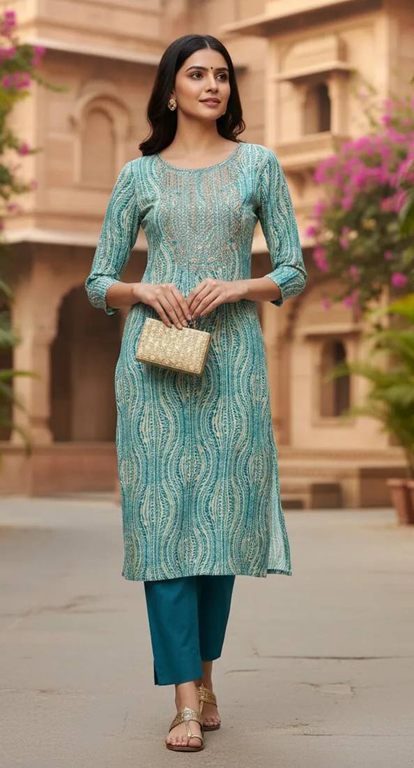 women blue viscose rayon abstract printed straight kurta