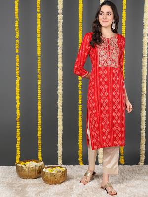 women red viscose rayon ethnic motifs printed straight kurta 1