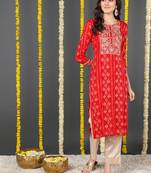 women red viscose rayon ethnic motifs printed straight kurta