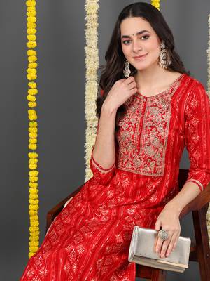 women red viscose rayon ethnic motifs printed straight kurta 2