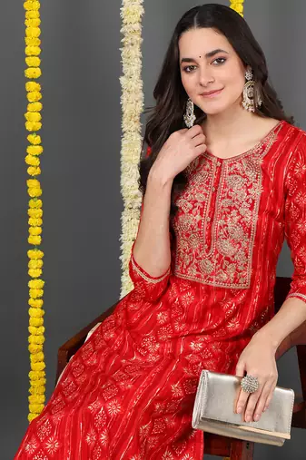 women red viscose rayon ethnic motifs printed straight kurta