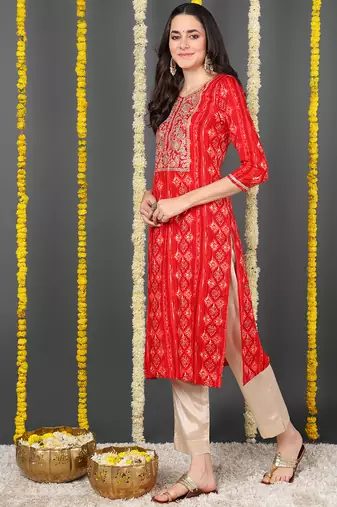 women red viscose rayon ethnic motifs printed straight kurta