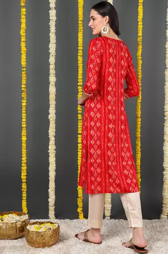 women red viscose rayon ethnic motifs printed straight kurta