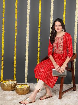 women red viscose rayon ethnic motifs printed straight kurta 5
