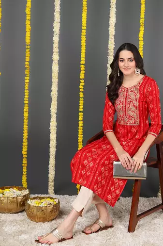 women red viscose rayon ethnic motifs printed straight kurta