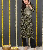 women green silk blend floral embroidered straight kurta