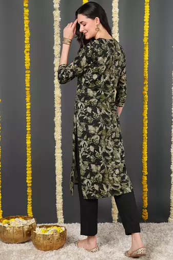 women green silk blend floral embroidered straight kurta