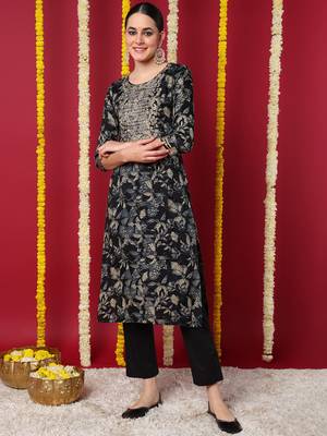 women navy blue silk blend floral embroidered straight kurta 1