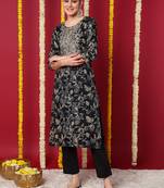 women navy blue silk blend floral embroidered straight kurta