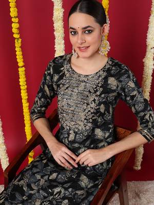 women navy blue silk blend floral embroidered straight kurta 2