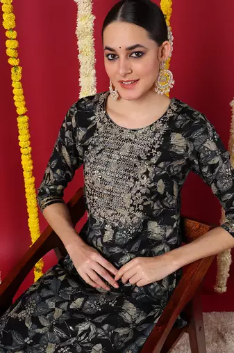 women navy blue silk blend floral embroidered straight kurta