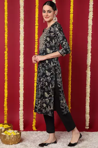 women navy blue silk blend floral embroidered straight kurta