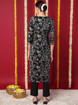 women navy blue silk blend floral embroidered straight kurta 4