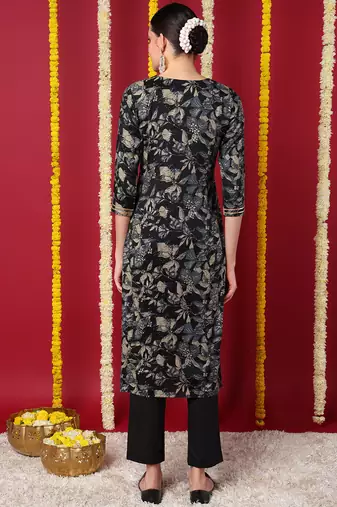 women navy blue silk blend floral embroidered straight kurta
