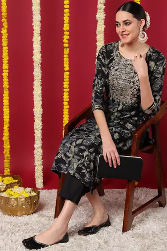 women navy blue silk blend floral embroidered straight kurta