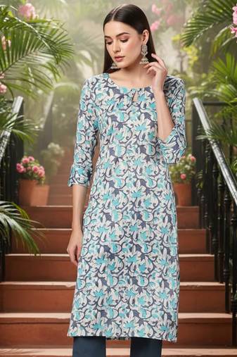 women beige silk blend ethnic motifs printed straight kurta