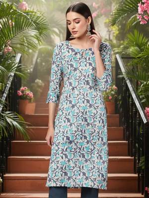women beige silk blend ethnic motifs printed straight kurta 1