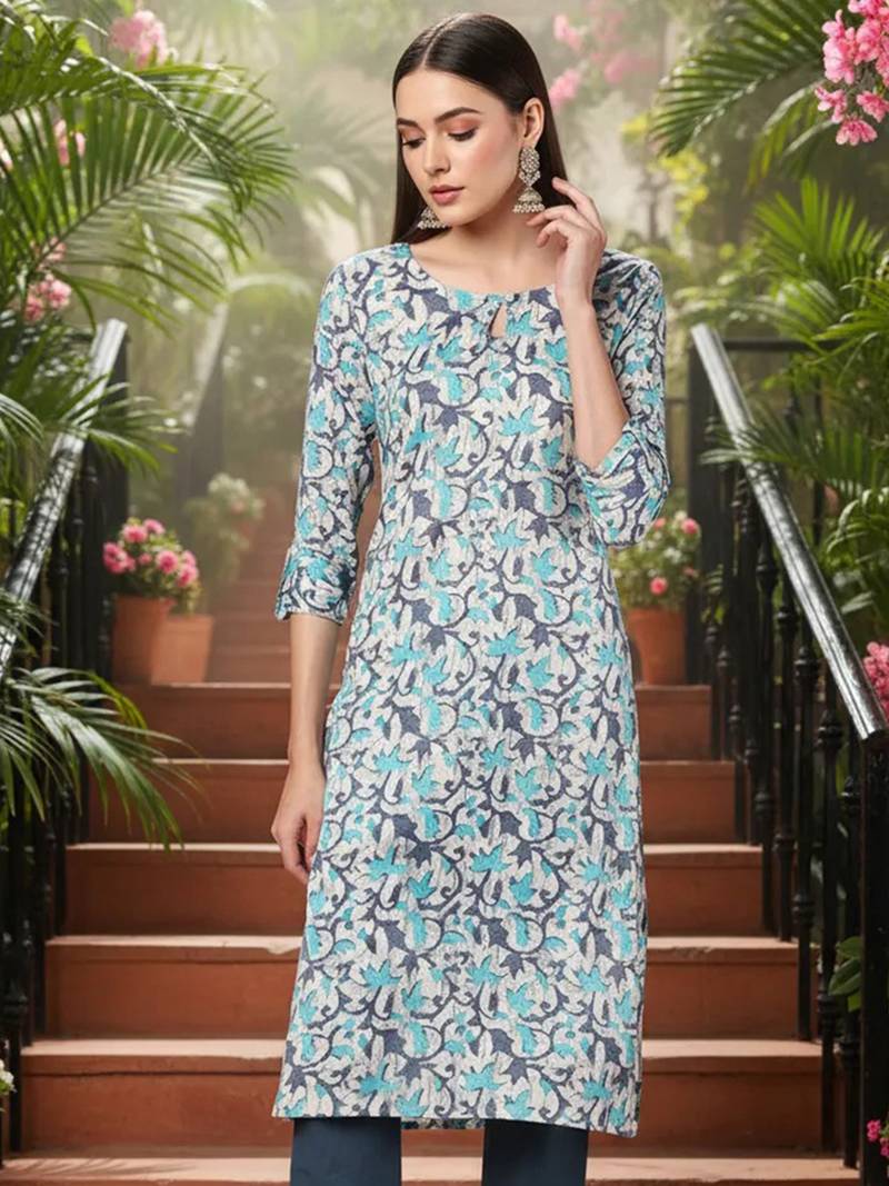 women beige silk blend ethnic motifs printed straight kurta