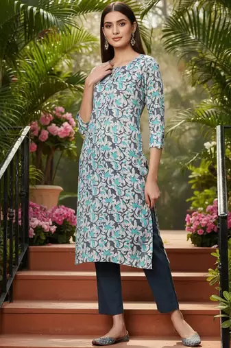 women beige silk blend ethnic motifs printed straight kurta