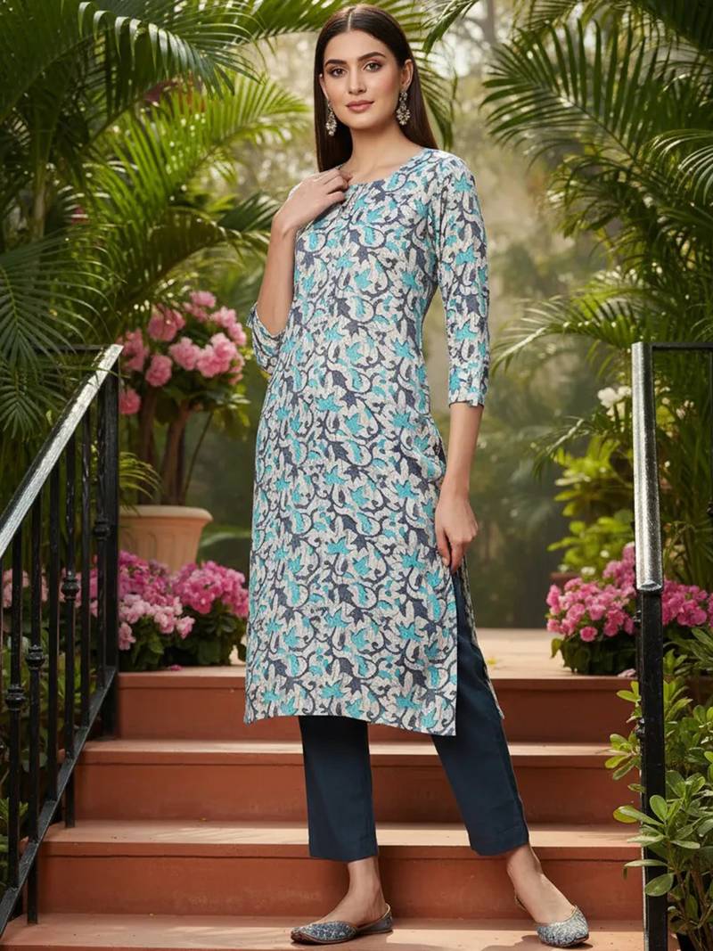 women beige silk blend ethnic motifs printed straight kurta