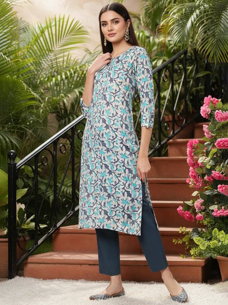 women beige silk blend ethnic motifs printed straight kurta