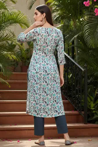 women beige silk blend ethnic motifs printed straight kurta
