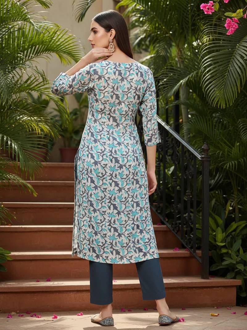 women beige silk blend ethnic motifs printed straight kurta