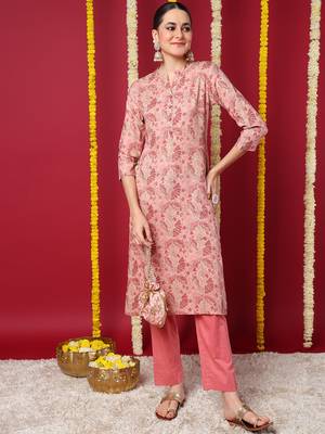 women peach viscose rayon floral printed straight kurta 1