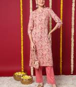 women peach viscose rayon floral printed straight kurta